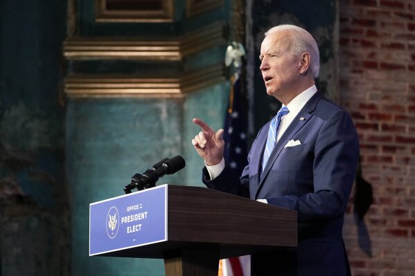 President-elect Joe Biden speaks about the COVID-19 pandemic during an event at The Queen theater, Thursday, Jan. 14, 2021, in Wilmington, Del. (AP Photo/Matt Slocum)