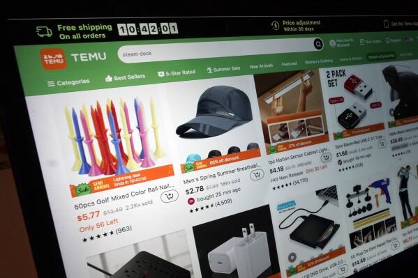 FILE - A page from the Temu website is seen, June 23, 2023, in New York. Temu, the China-founded online retailer surging in popularity in the United States, is opening its platform to U.S. and European sellers, a Temu spokesperson confirmed Thursday, Jan. 25, 2024. (AP Photo/Richard Drew, File)