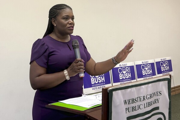 U.S. Rep. Cori Bush, D-Mo., speaks to supporters Wednesday, July 31, 2024, in Webster Groves, Mo. A pro-Israel super PAC is spending millions to try and unseat Bush in the Missouri's Democratic primary on Tuesday, Aug. 6. (AP Photo/Jim Salter)