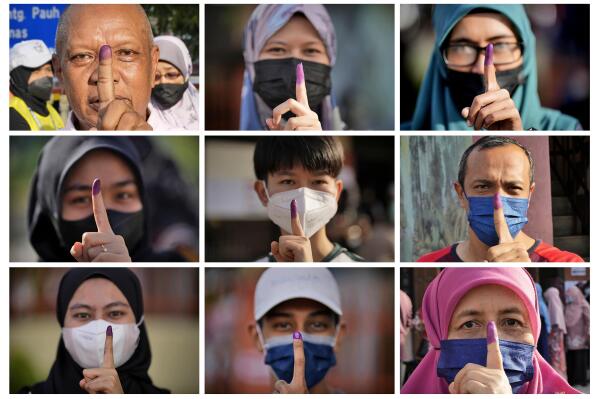 This combination of photos shows people with inked fingers to mark that they have voted during the national election in Seberang Perai, Penang state, Malaysia, Saturday, Nov. 19, 2022. Malaysians began casting ballots Saturday in a tightly contested election that will determine whether the country's longest-ruling coalition can make a comeback after its electoral defeat four years ago. (AP Photo/Vincent Thian)