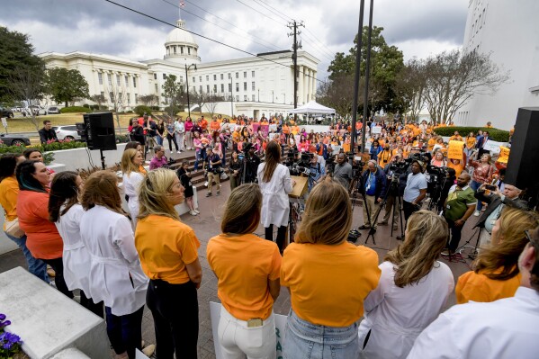 FILE - Hundreds gather for a protest rally for in vitro fertilization legislation Feb. 28, 2024, in Montgomery, Ala. The recent ruling by the Alabama Supreme Court that frozen embryos can be considered children, halting IVF treatments in the state, is a clear example of why races for state supreme courts will be among the most expensive and hotly contested this year. State high court seats will be on the ballot in more than 30 states, and several of those races have the potential to flip political control of the court. (Mickey Welsh/The Montgomery Advertiser via AP, File)