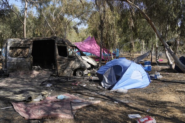 FILE - The site of a music festival near the border with the Gaza Strip in southern Israel, on Thursday, Oct. 12, 2023. The Association of Rape Crisis Centers in Israel on Wednesday, Feb. 21, 2024, said it has found evidence of “systematic and intentional” rape and sexual abuse during the Hamas attack on Oct. 7 that ignited the war in Gaza. (AP Photo/Ohad Zwigenberg, File)