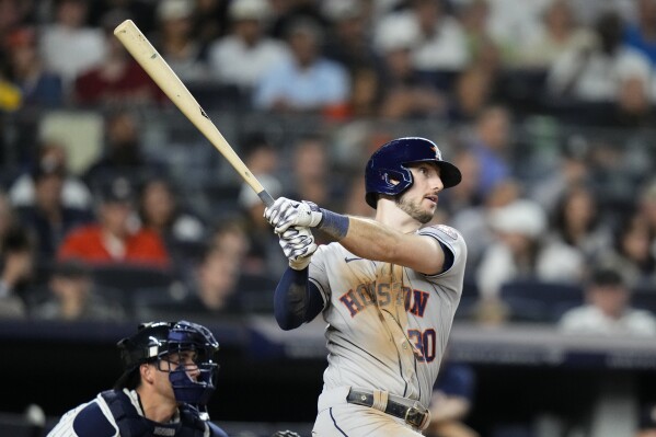 Houston Astros' Kyle Tucker watches his two-run double against the New York Yankees during the sixth inning of a baseball game Friday, Aug. 4, 2023, in New York. (AP Photo/Frank Franklin II)