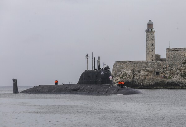 Russia's Kazan nuclear-powered submarine arrives at the port of Havana, Cuba, Wednesday, June 12, 2024. A fleet of Russian warships reached Cuban waters on Wednesday ahead of planned military exercises in the Caribbean. (AP Photo/Ariel Ley)