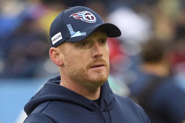 FILE - Tennessee Titans offensive coordinator Todd Downing watches during warm ups before an NFL football game against the Miami Dolphins, on Jan. 2, 2022, in Nashville, Tenn. Downing is free on bond after he was arrested on charges of speeding and driving under the influence early Friday morning, Nov. 18, 2022. (AP Photo/John Amis, File)