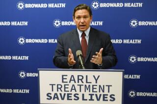 Florida Gov. Ron DeSantis speaks at a news conference, Thursday, Sept. 16, 2021, at the Broward Health Medical Center in Fort Lauderdale, Fla. DeSantis was there to promote the use of monoclonal antibody treatments for those infected with COVID-19. (AP Photo/Wilfredo Lee)