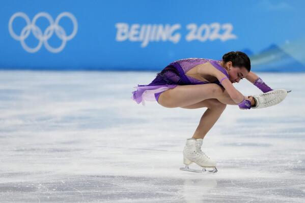 Kamila Valieva, of the Russian Olympic Committee,competes in the women's short program during the figure skating at the 2022 Winter Olympics, Tuesday, Feb. 15, 2022, in Beijing. (AP Photo/Natacha Pisarenko)