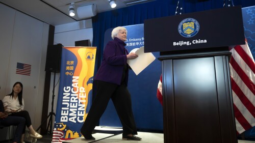 Treasury Secretary Janet Yellen arrives for a news conference at the U.S. Embassy in Beijing, Sunday, July 9, 2023. (AP Photo/Mark Schiefelbein)