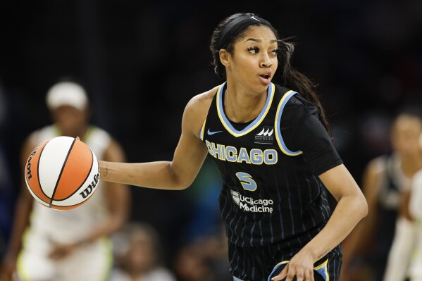 Chicago Sky forward Angel Reese (5) is seen during a WNBA basketball game against the Dallas Wings, Wednesday, May 15, 2024, in Arlington, Texas. Dallas won 87-79. (AP Photo/Brandon Wade)