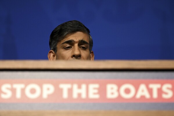 Britain's Prime Minister Rishi Sunak holds a press conference, following the Supreme Court's Rwanda policy judgement, at Downing Street, London, Wednesday, Nov. 15, 2023. (Leon Neal, Pool Photo via AP)