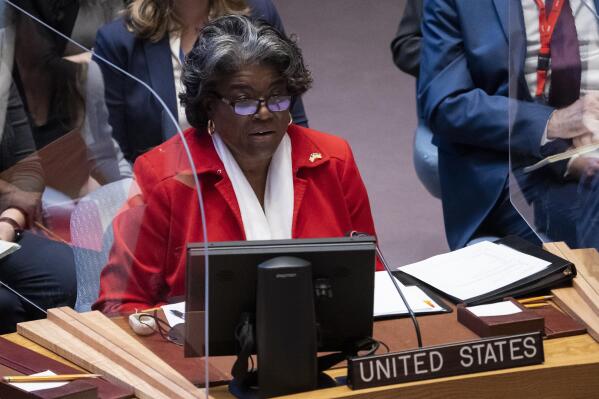 Linda Thomas-Greenfield, Permanent Representative of United States to the United Nations, speaks during a meeting of the UN Security Council, Tuesday, April 5, 2022, at United Nations headquarters. Ukrainian President Volodymyr Zelenskyy addressed the U.N. Security Council for the first time Tuesday at a meeting focused on what appears to be widespread deliberate killings of civilians by Russian troops.   (AP Photo/John Minchillo)