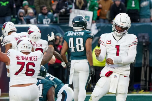Arizona Cardinals quarterback Kyler Murray (1) reacts after a touchdown by teammate James Conner on a run against the Philadelphia Eagles during the second half of an NFL football game, Sunday, Dec. 31, 2023, in Philadelphia. The Cardinals won 35-31. (AP Photo/Chris Szagola)