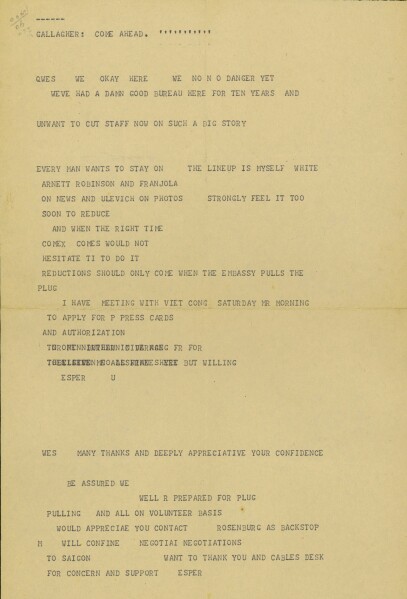 Message from AP's Saigon bureau chief George Esper to General Manager Wes Gallagher concerning AP staff covering the fall of Saigon in April, 1975. (AP Photo/Corporate Archives)