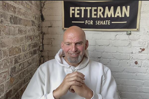 FILE - Pennsylvania Lt. Gov. John Fetterman, the Democratic candidate for the Pennsylvania Senate seat, speaks during a video interview from his home in Braddock, Pa., July 20, 2022. (Julian Routh/Pittsburgh Post-Gazette via AP, File)
