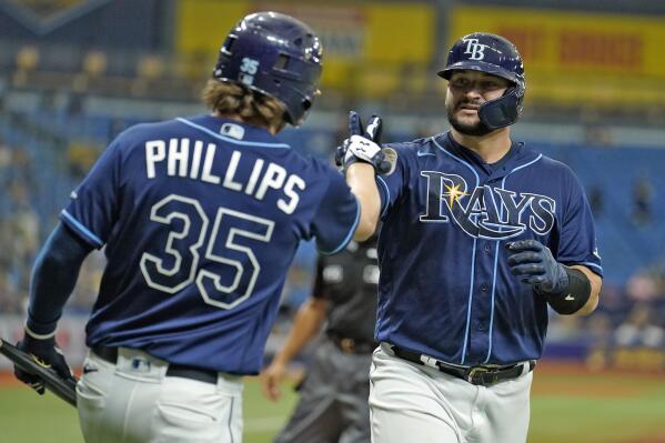 Tampa Bay Rays' Mike Zunino heads to first after being hit by a