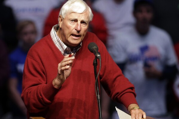 FILE - In this April 27, 2016, file photo, former Indiana basketball coach Bob Knight speaks during campaign stop for Republican presidential candidate Donald Trump in Indianapolis. Bob Knight, the brilliant and combustible coach who won three NCAA titles at Indiana and for years was the scowling face of college basketball has died. He was 83. Knight's family made the announcement on social media Wednesday evening, Nov. 1, 2023. (AP Photo/Darron Cummings, File)