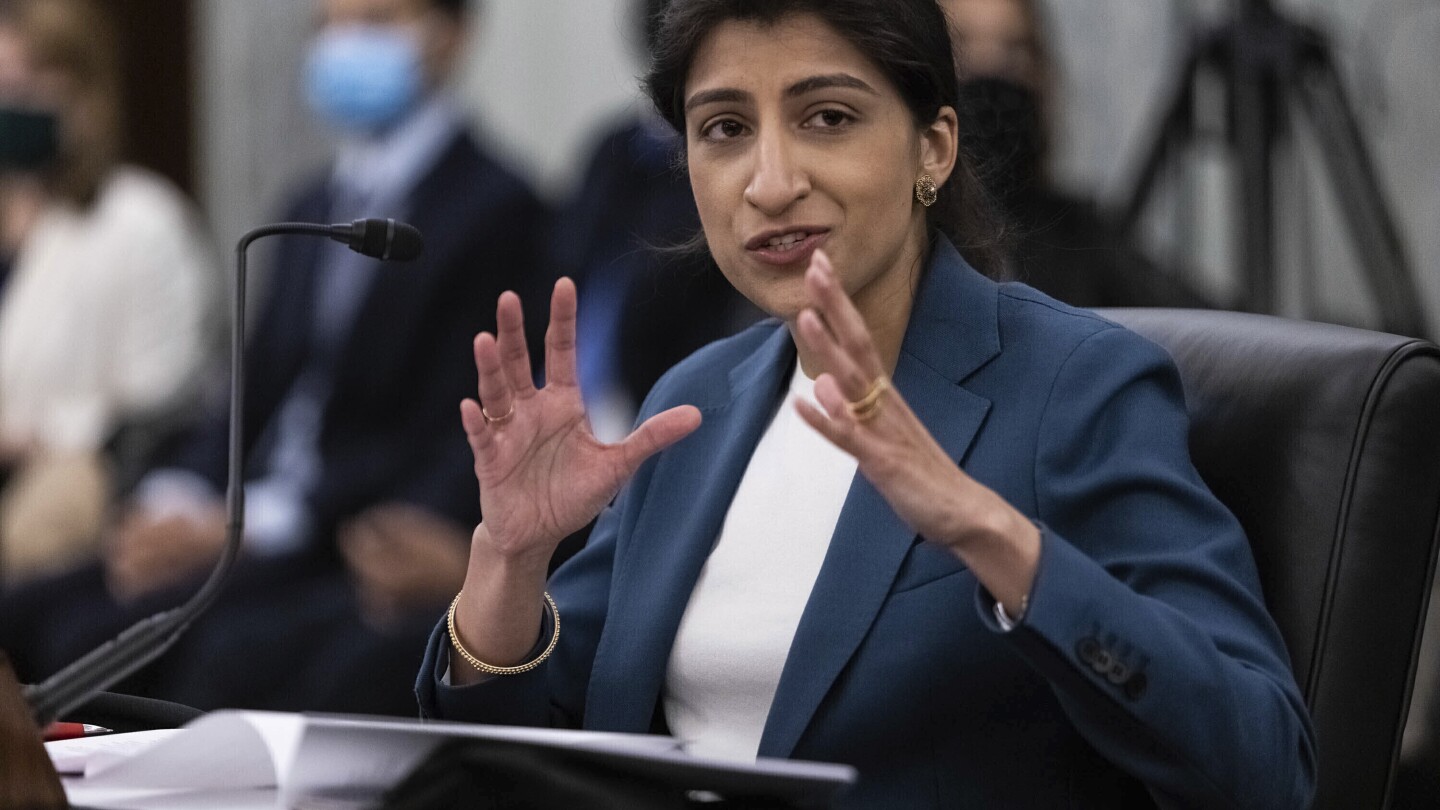 FILE - Lina Khan, then the nominee for Commissioner of the Federal Trade Commission (FTC), speaks a confirmation hearing, April 21, 2021, on Capitol H