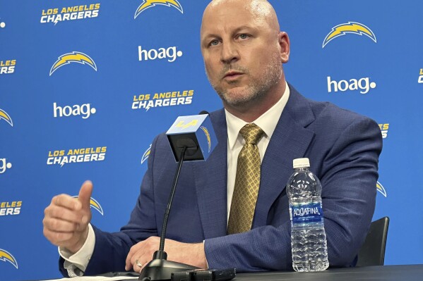 Los Angeles Chargers general manager Joe Hortiz answers questions during his introductory news conference, Tuesday, Feb. 6, 2024 at the Chargers Hoag Performance Center in Costa Mesa, Calif. Hortiz comes to the Chargers after 26 years with the Baltimore Ravens, recently as the director of player personnel. (AP Photo/Joe Reedy)