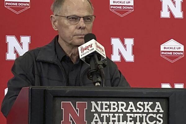 Former Nebraska NCAA college football coach Frank Solich speaks at Memorial Stadium in Lincoln, Neb., Friday, April 21, 2023. Solich will be honored at the Cornhuskers’ spring game Saturday. (AP Photo/Eric Olson)