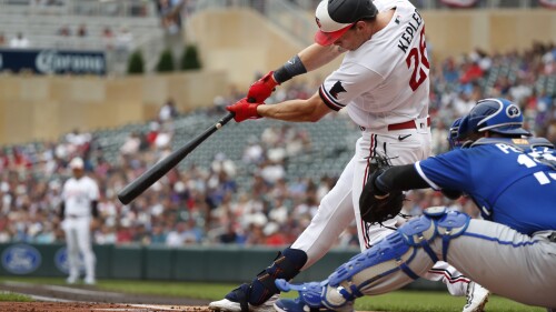 Minnesota Twins' Max Kepler hits an RBI single against the Kansas City Royals in the first inning of a baseball game Tuesday, July 4, 2023, in Minneapolis. (AP Photo/Bruce Kluckhohn)