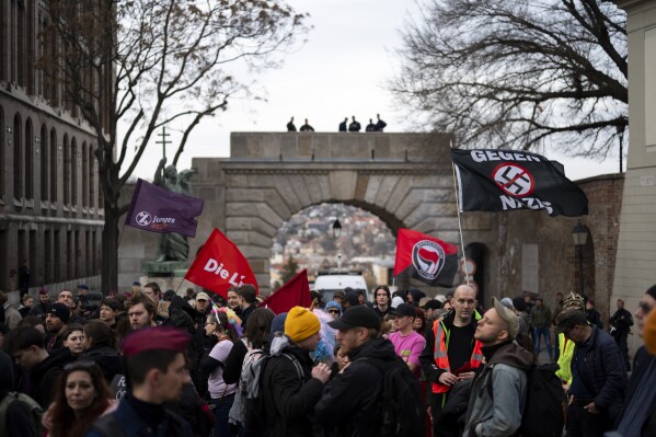Hundreds of antifascist activists gather in Hungary's capital on Saturday to oppose an annual commemoration held by far-right groups in Budapest, Saturday, Feb. 10, 2024. (APPhoto/Denes Erdos)