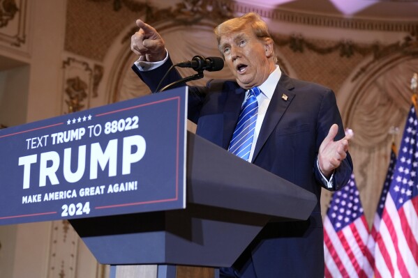 Republican presidential candidate former President Donald Trump speaks at a Super Tuesday election night party Tuesday, March 5, 2024, at Mar-a-Lago in Palm Beach, Fla. (AP Photo/Evan Vucci)