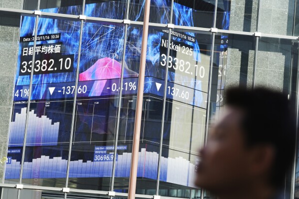 A person walks in front of an electronic stock board showing Japan's Nikkei 225 index at a securities firm Thursday, Nov. 16, 2023, in Tokyo. (AP Photo/Eugene Hoshiko)