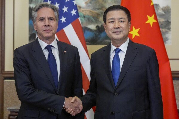 U.S. Secretary of State Antony Blinken meets with China's Minister of Public Security Wang Xiaohong at the Diaoyutai State Guesthouse, Friday, April 26, 2024, in Beijing, China. (AP Photo/Mark Schiefelbein, Pool)