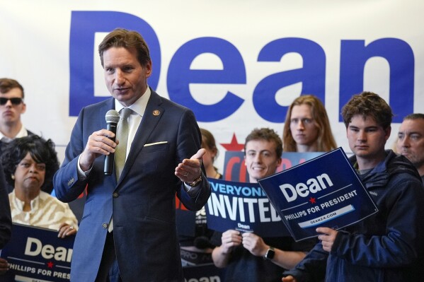 FILE - Democratic presidential candidate Rep. Dean Phillips, D-Minn., speaks during a campaign stop, Jan. 18, 2024, in Manchester, N.H. Phillips of Minnesota ended his long-shot 2024 Democratic presidential bid on Wednesday after failing to win a primary contest against President Joe Biden. (AP Photo/Charles Krupa, File)