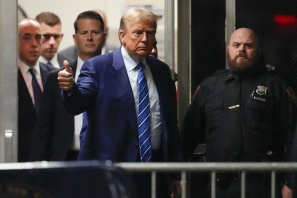 Former President Donald Trump returns to the courtroom after a recess at Manhattan criminal court, Tuesday, April 16, 2024, in New York. (AP Photo/Mary Altaffer, Pool)