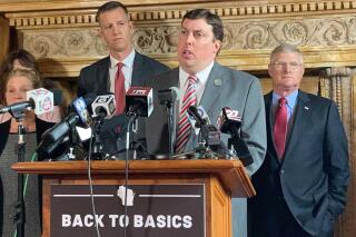 State Rep. Mark Born, co-chair of the Legislature's budget committee, defends cutting hundreds of Gov. Tony Evers proposals, calling them unrealistic during a news conference at the state Capitol Thursday, May 6, 2021, in Madison, Wis. (AP Photo/Scott Bauer)