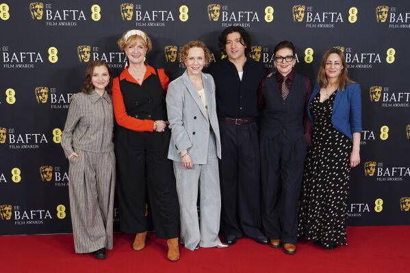From left, Mia McKenna-Bruce, Sara Putt, Anna Higgs, Will Sharpe, Jane Millichip, and Emma Baehr attend the BAFTA Film Awards 2025 nominations announcement, at BAFTA, in central London, Wednesday, Jan. 15, 2025. (Ian West/PA via AP)