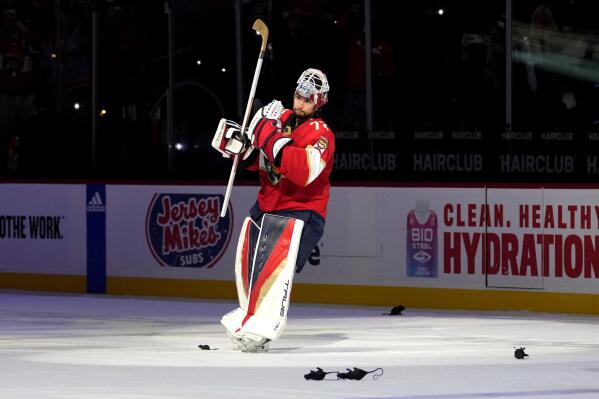 Florida Panthers goaltender Sergei Bobrovsky acknowledges the crowd after Game 3 of the NHL hockey Stanley Cup Eastern Conference finals against the Carolina Hurricanes, Monday, May 22, 2023, in Sunrise, Fla. (AP Photo/Lynne Sladky)