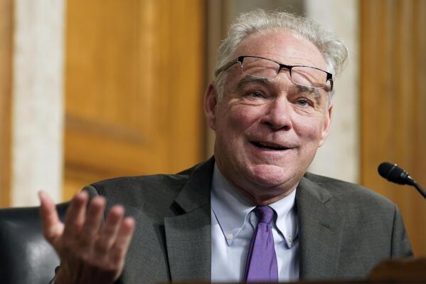 FILE - Sen. Tim Kaine, D-Va., speaks during a hearing on Capitol Hill July 21, 2022, in Washington. A bipartisan group of senators is pushing compromise legislation to restore abortion access in the wake of the June Supreme Court decision to overturn Roe v. Wade. The legislation introduced by two Republicans and two Democrats on Aug. 1, is not expected to pass or even get a vote.(AP Photo/Mariam Zuhaib, File)