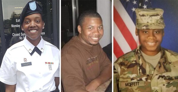 This combination of photos provided by Shawn Sanders, left, and the U.S. Army, center and right, show from left to right, Spc. Kennedy Sanders, Sgt. William Jerome Rivers and Spc. Breonna Alexsondria Moffett. The three U.S. Army Reserve soldiers from Georgia were killed by a drone strike Sunday, Jan. 28, 2024, on their base in Jordan near the Syrian border. (Shawn Sanders and U.S. Army via AP)
