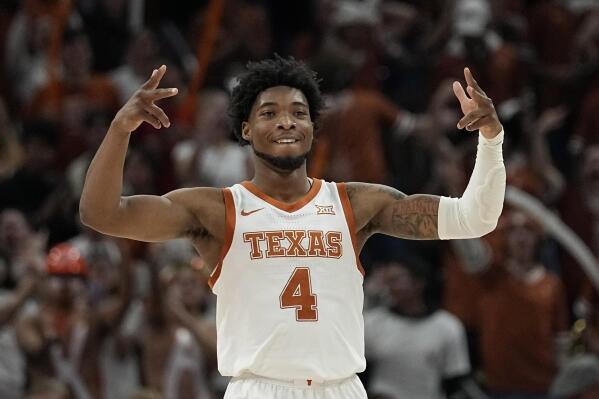 Texas guard Tyrese Hunter (4) celebrate a score during the second half of an NCAA college basketball game against Gonzaga, Wednesday, Nov. 16, 2022, in Austin, Texas. (AP Photo/Eric Gay)