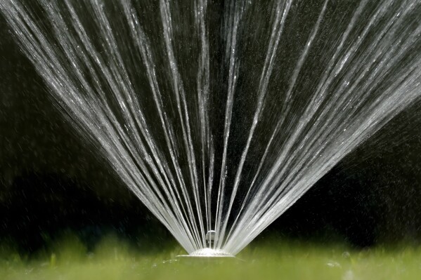 FILE -- Water flies from a sprinkler on a lawn in Sacramento, Calif., on July 8, 2021. State regulators proposed on Tuesday, March 12, 2024, delaying new conservation rules aimed at reducing the amount of water people use on their lawns. The rules would be enforced with water agencies, not individuals. Water agencies had asked for more time to comply. (AP Photo/Rich Pedroncelli, File)