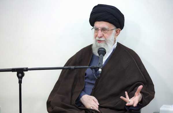 In this photo released by an official website of the office of the Iranian supreme leader, Supreme Leader Ayatollah Ali Khamenei speaks in his meeting with a group of senior military leaders, in Tehran, Iran, Sunday, April 21, 2024. Iran's supreme leader on Sunday dismissed any discussion of whether Tehran's unprecedented drone-and-missile attack on Israel hit anything there, a tacit acknowledgment that despite launching a massive assault, few projectiles actually made through to their targets. (Office of the Iranian Supreme Leader via AP)