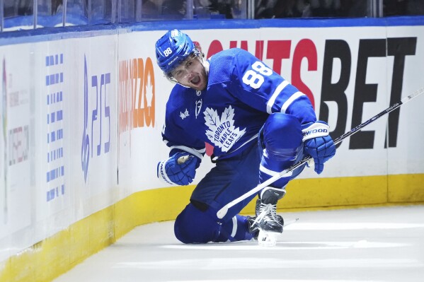 Toronto Maple Leafs' William Nylander (88) celebrates after his goal against the Boston Bruins during third-period action in Game 6 of an NHL hockey Stanley Cup first-round playoff series in Toronto, Thursday, May 2, 2024. (Nathan Denette/The Canadian Press via AP)
