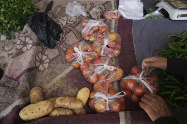 A Palestinian vendor ties bags of tomatoes at a makeshift market in Khan Younis, Gaza Strip, Sunday, May 11, 2025. (AP Photo/Abdel Kareem Hana)