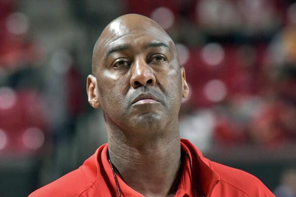 Maryland interim head coach Danny Manning looks on during the first half of an NCAA college basketball game against Northwestern in College Park, Md., Sunday, Dec. 5, 2021. (Amy Davis/The Baltimore Sun via AP)