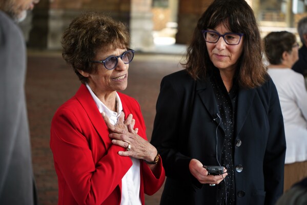 Ellen Surloff, left, vice president of Congregation Dor Hadash, and Jo Recht, president of Congregation Dor Hadash, are interviewed after Robert Bowers was found guilty, Friday, June 16, 2023, in Pittsburgh. Bowers, a truck driver who spewed hatred of Jews, was convicted Friday of barging into a Pittsburgh synagogue on the Jewish Sabbath and fatally shooting 11 congregants in an act of antisemitic terror for which he could be sentenced to die. (AP Photo/Gene J. Puskar)