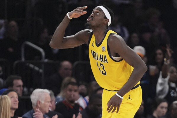 Indiana Pacers forward Pascal Siakam (43) reacts during the third quarter of Game 2 of the NBA basketball Eastern Conference final against the New York Knicks, Friday, May 23, 2025, in New York. (AP Photo/Frank Franklin II)