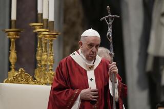 FILE - In this Tuesday, June 29, 2021 file photo, Pope Francis celebrates Mass during the Solemnity of Saints Peter and Paul, in St. Peter's Basilica at the Vatican. The Vatican's criminal tribunal on Saturday, July 3, 2021 indicted 10 people, including a cardinal, and four companies on charges including extortion, abuse of office and fraud in connection with the Secretariat of State's 350 million-euro investment in a London real estate venture. (AP Photo/Gregorio Borgia, File)
