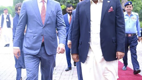 In this handout photo released by Pakistan Foreign Ministry Press Service, Pakistan's Foreign Minister Bilawal Bhutto Zardari, right, receives Ukraine's Foreign Minister Dmytro Kuleba, at the foreign ministry in Islamabad, Pakistan, Thursday, July 20, 2023. (Pakistan Foreign Ministry Press Service via AP)