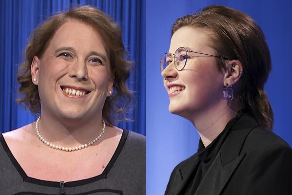 This combination of two separate photos shows contestants Amy Schneider, left, and Mattea Roach on "Jeopardy!" The game show has been enjoying an unusual run of super champs. Schneider and Roach were notable for their impressive breadth of knowledge, and they were rarely wrong.  (Sony Pictures Entertainment via AP)