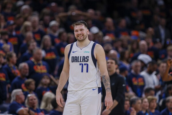 Dallas Mavericks guard Luka Doncic reacts during the second half of Game 5 of an NBA basketball second-round playoff series against the Oklahoma City Thunder, Wednesday, May 15, 2024, in Oklahoma City. The Mavericks won 104-92. (AP Photo/Nate Billings)