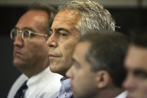 CORRECTS TO EPSTEIN APPEARS IN COURT, NOT IN CUSTODY - FILE - In this July 30, 2008 file photo, Jeffrey Epstein, center, appears in court in West Palm Beach, Fla. The wealthy financier and convicted sex offender has been arrested in New York on sex trafficking charges. Two law enforcement officials said Epstein was taken into federal custody Saturday, July 6, 2019, on charges involving sex-trafficking allegations that date to the 2000s. (Uma Sanghvi/Palm Beach Post via AP, File)