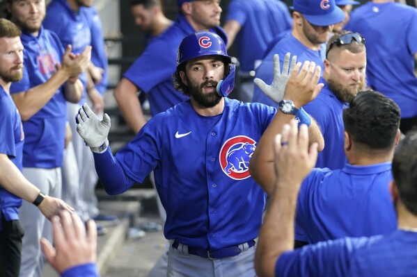 Chicago Cubs' Dansby Swanson celebrates in the dugout after his home run off Chicago White Sox starting pitcher Michael Kopech, Swanson's second of the night, during the fourth inning of a baseball game Tuesday, July 25, 2023, in Chicago. (AP Photo/Charles Rex Arbogast)