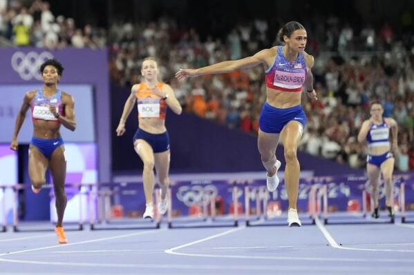 Sydney McLaughlin-Levrone, of the United States, wins the women's 400-meters hurdles final at the 2024 Summer Olympics, Thursday, Aug. 8, 2024, in Saint-Denis, France. (AP Photo/Petr David Josek)